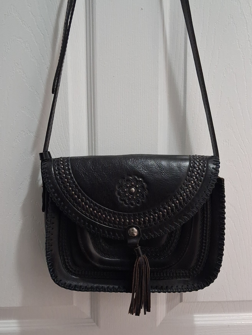Patricia Nash Black Leather Flap Crossbody with Tassel Accent
